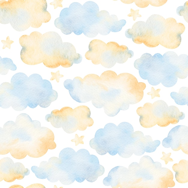 Watercolor clouds moon stars seamless pattern Watercolor illustrations clip art for nursery decorations For tshirt print wear fashion design baby shower kids cards linens wallpaper