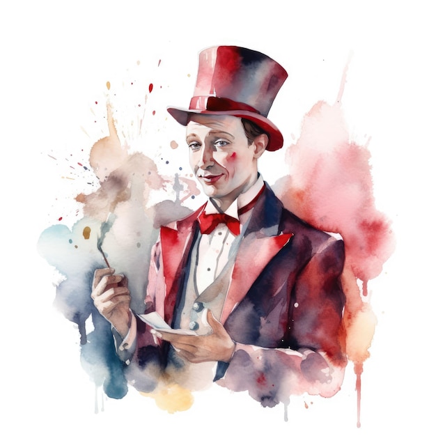 Watercolor clown magician in the circus