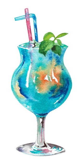 Watercolor cocktail Blue curacao cocktail with lemon and mint on blue background