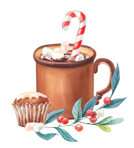 Tazza di cacao acquerello con caramelle, maffin, bacche rosse, ramoscello verde. illustrazione dell'acquerello di natale.