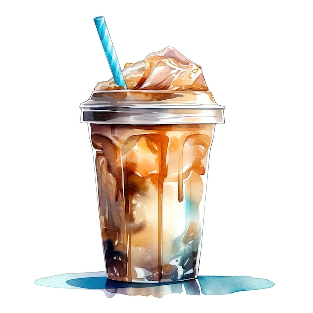 Watercolor coffee in cup Ice latte caramel coffee and tonic Isolated on white background