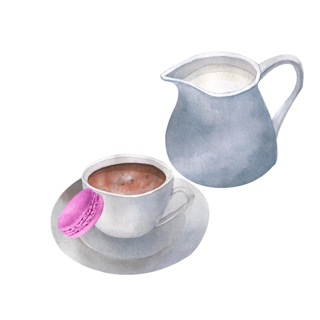 Watercolor coffee cup milk jug and macarons