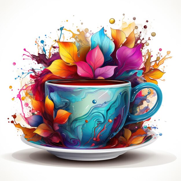 Foto coppa da caffè ad acquerello con spruzzo colorato e vapore illustrazione realistica generative ai