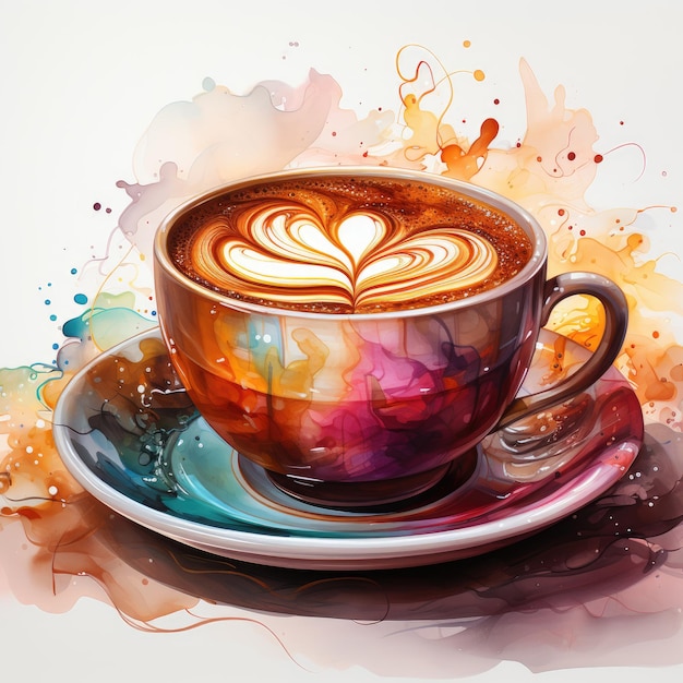 Foto coppa da caffè ad acquerello con spruzzo colorato e vapore illustrazione realistica generative ai