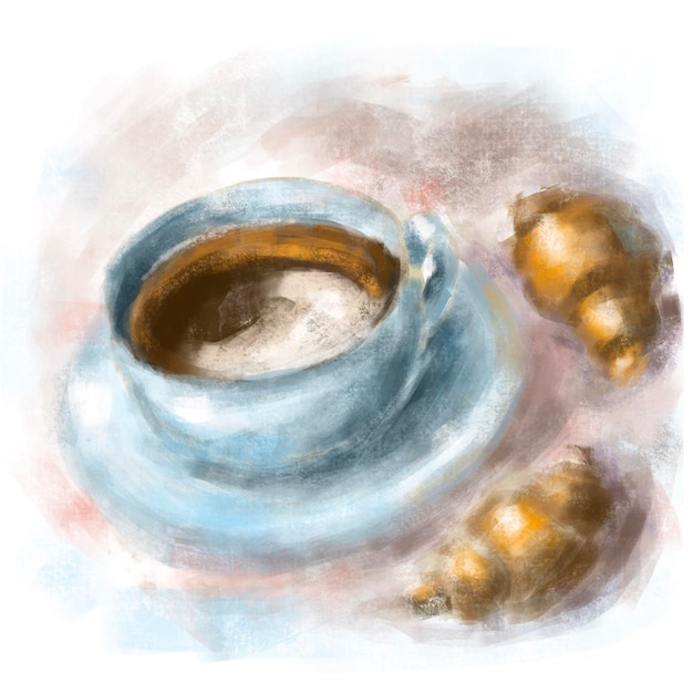 watercolor coffee cup with croissants good morning illustration