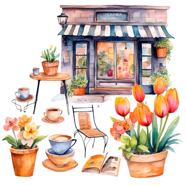 watercolor coffee store coffee shop vintage coffee shop style