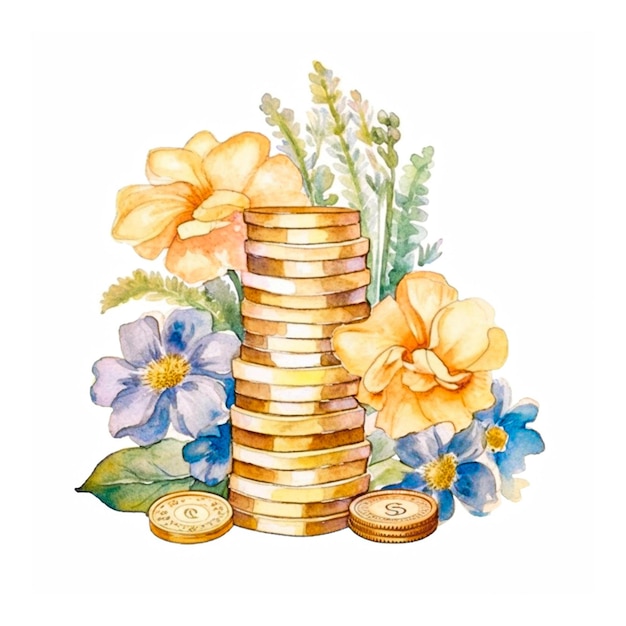 a watercolor coin with flowers on white background generative with ai