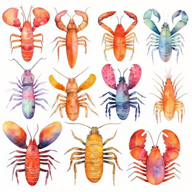 Watercolor collection of colorful insects on a white background.