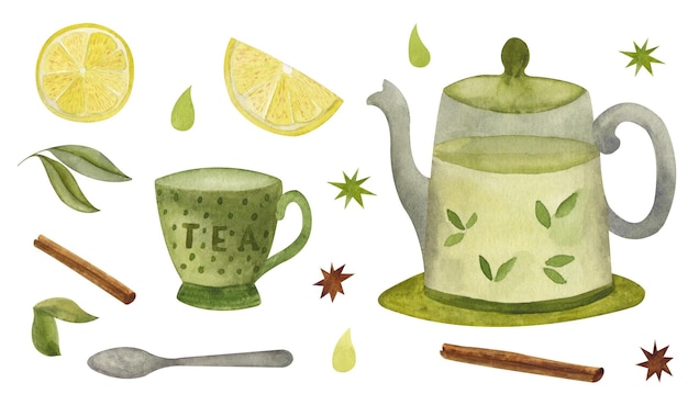Коллекция акварелей пьет чай иллюстрации Чайные чашки чайник специи лимон корица