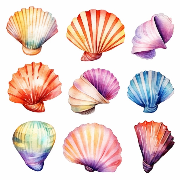 Watercolor collection of sea shells, hand painted with watercolors.