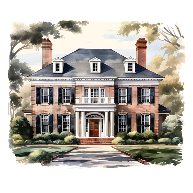 Watercolor Colonial House United States Brick White Columns on White Background Aesthetics House