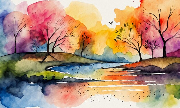 Watercolor colorful abstract painting illustration cartoon style wallpaper background design