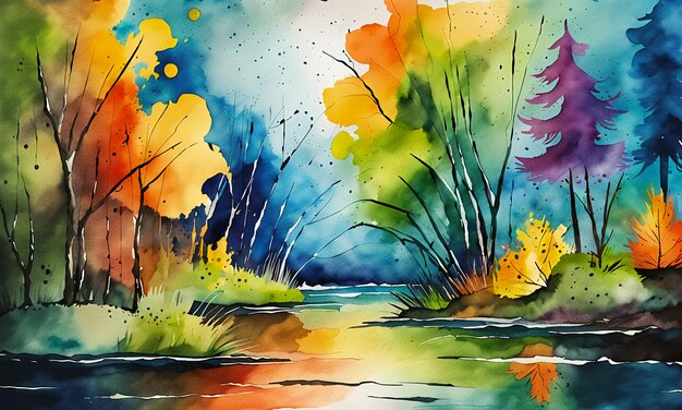 Watercolor colorful abstract painting illustration cartoon style wallpaper background design