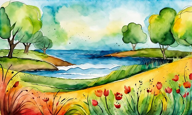 Watercolor colorful abstract painting illustration cartoon style wallpaper background design