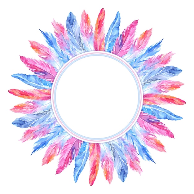 Watercolor colorful bird feather circle wreath frame composition isolated