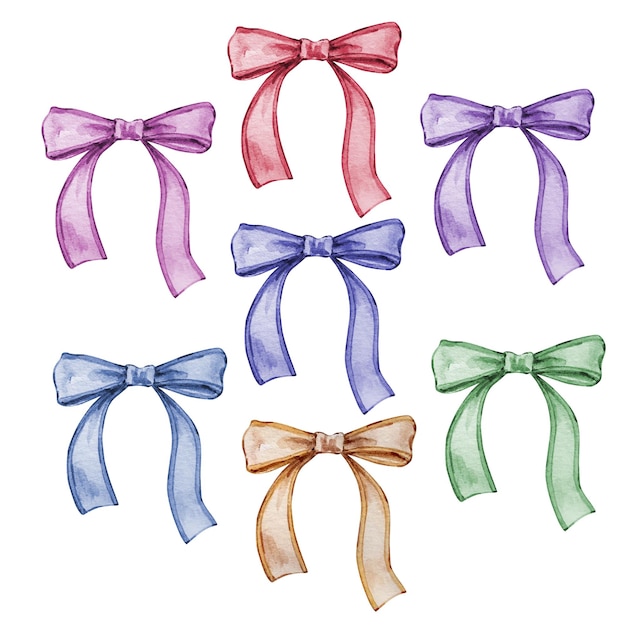 watercolor colorful bows set ribbon silk illustration