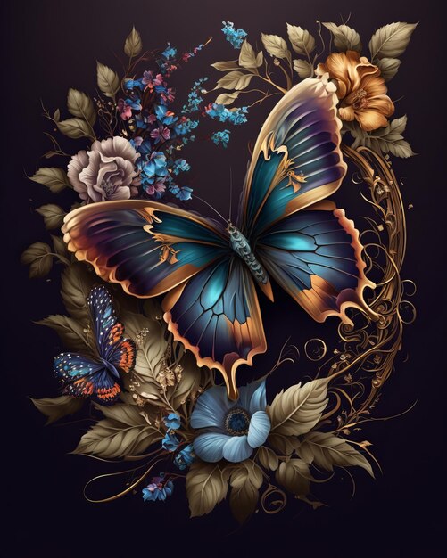 Watercolor colorful Butterfly Flowers Background Generative AI