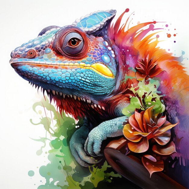 Watercolor colorful Chameleon Illustration Generative Ai