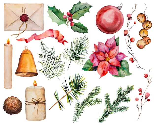 Photo watercolor colorful christmas clipart isolated illustration elements for holiday greeting cards