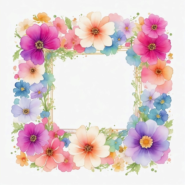 Watercolor colorful cosmos flower frame illustration design on isolated white background