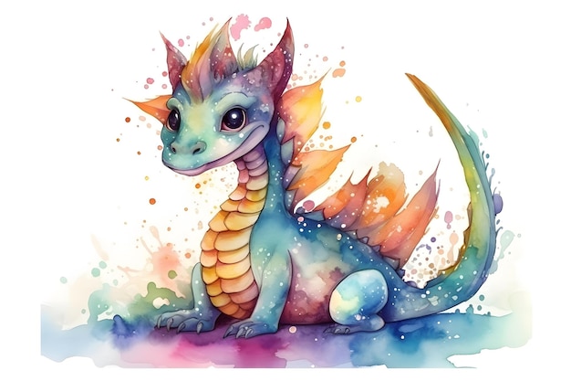 Watercolor colorful cute baby dragon isolated on white background Illustration Chinese Year of dragon