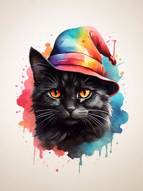 Watercolor colorful Cute black cat face wearing a magical hat logo style Tshirt art design Wallpaper