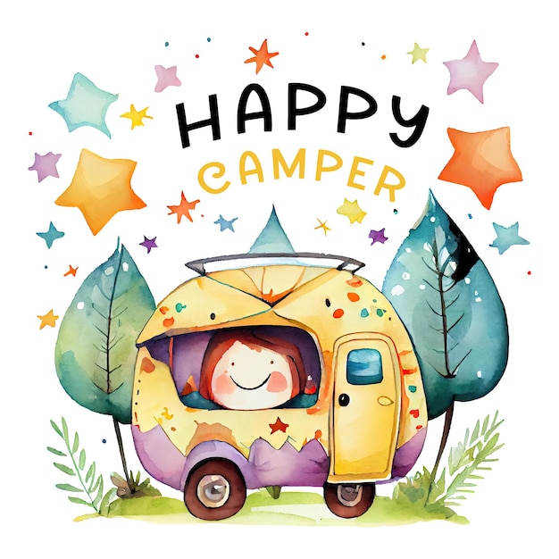 Watercolor colorful cute camper Isolated white background Print for sublimation