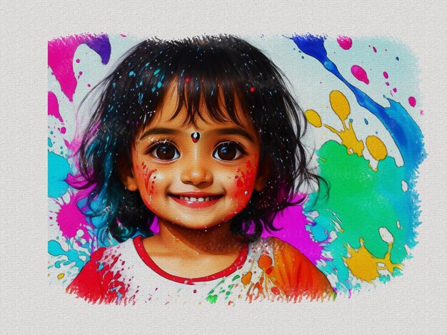Watercolor colorful cute girl face illustration on white paper texture background