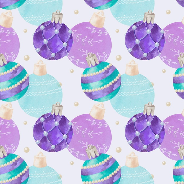 Watercolor colorful and festive pattern with Christmas ball decoration on blue background