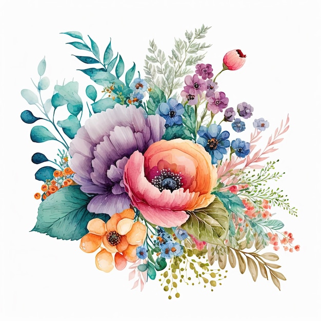 白い背景に分離された水彩画の色とりどりの花ブーケ ボタニカル イラスト グリーティング カードの招待状のテンプレート