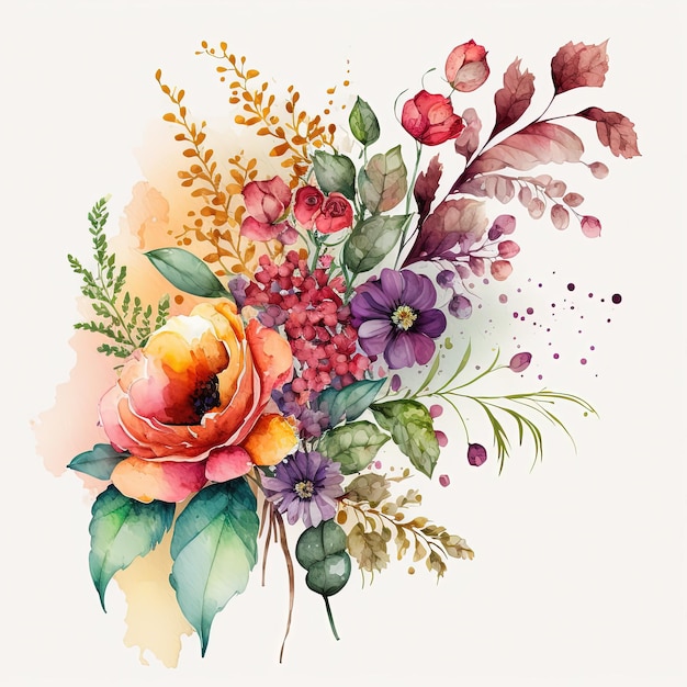白い背景に分離された水彩画の色とりどりの花の花束 結婚式の招待状 ボタニカル アート プリント