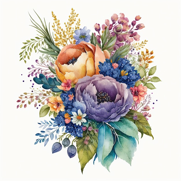 白い背景に分離された水彩画の色とりどりの花の花束 結婚式の招待状 ボタニカル アート プリント