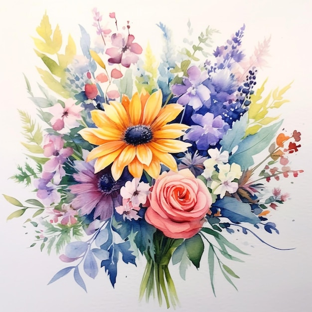 白い背景に分離された水彩画の色とりどりの花の花束 結婚式の招待状