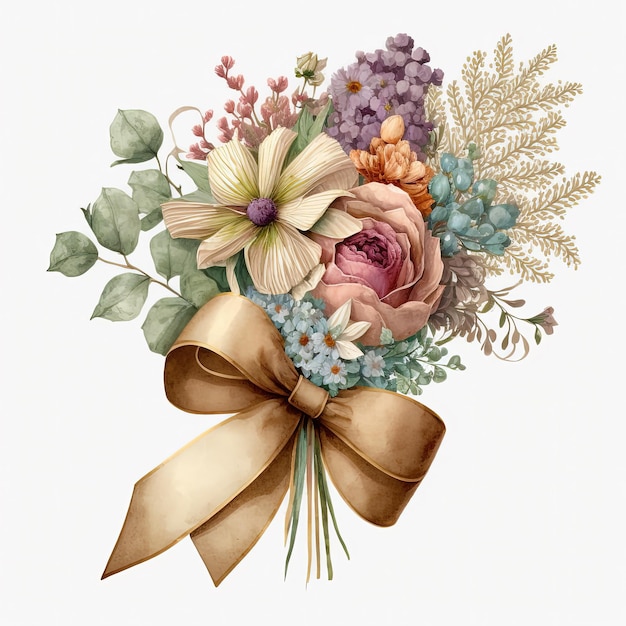 白い背景で隔離の弓と水彩の色とりどりの花の花束 結婚式の招待状