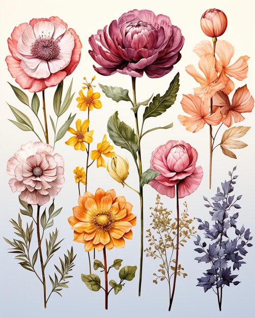 Photo watercolor colorful flowers set