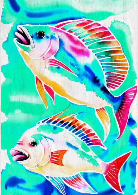 水彩のカラフルな面白い魚海洋動物の絵