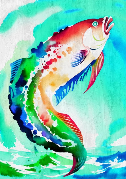 Watercolor Colorful Funny Fish Ocean Animal Painting