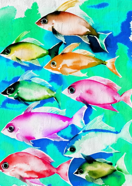 Watercolor Colorful Funny Fish Ocean Animal Painting