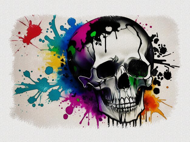 Watercolor colorful graffiti skull art illustration on white paper texture background