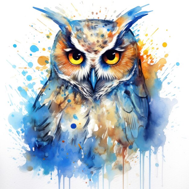 Photo watercolor colorful illustration artwork animal owl bird