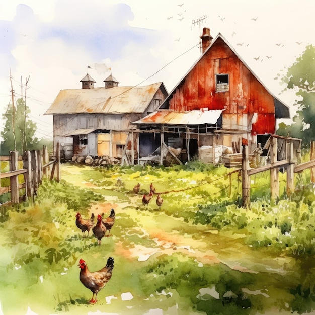 写真 水彩画 カラフルなイラスト アートワーク 農場の家