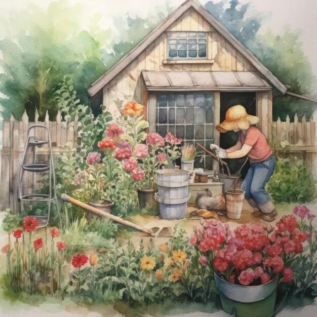 Foto acquerello illustrazione colorata opere d'arte giardino giardinaggio