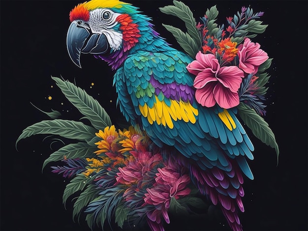 Watercolor colorful macaw parrot vector illustration floral decorated