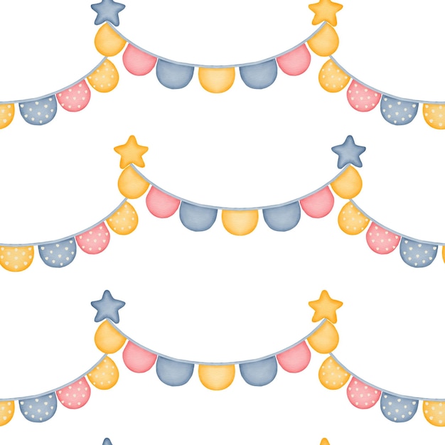 Watercolor colorful stars and flag garland seamless pattern