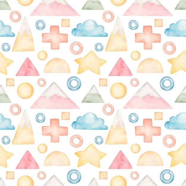 Watercolor colorful stars, mountains and clouds pattern on white background