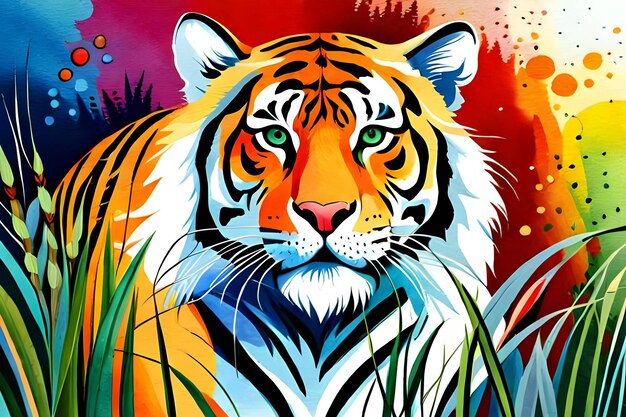 Watercolor colorful tiger in the jungle generative ai