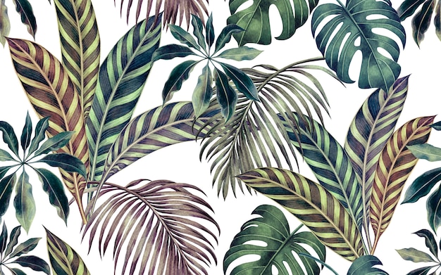 Watercolor colorful tropical leaves seamless pattern background.