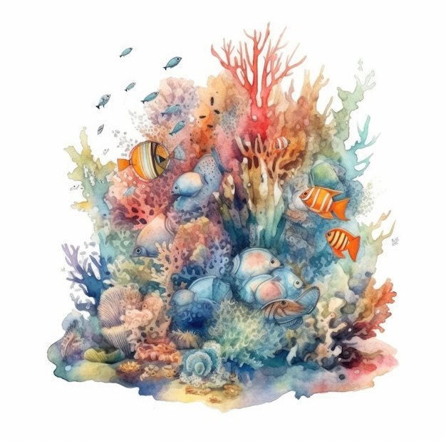 Watercolor of colorful underwater with tropical fish coral reefs