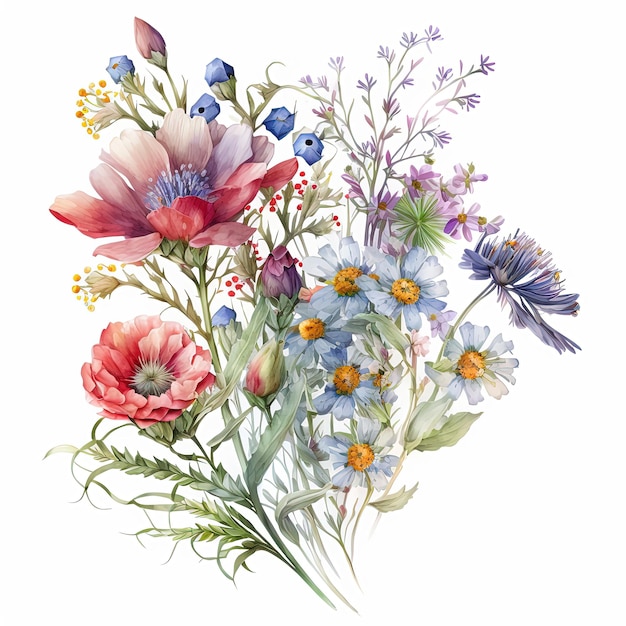 Watercolor colorful wildflowers bouquet isolated on white background