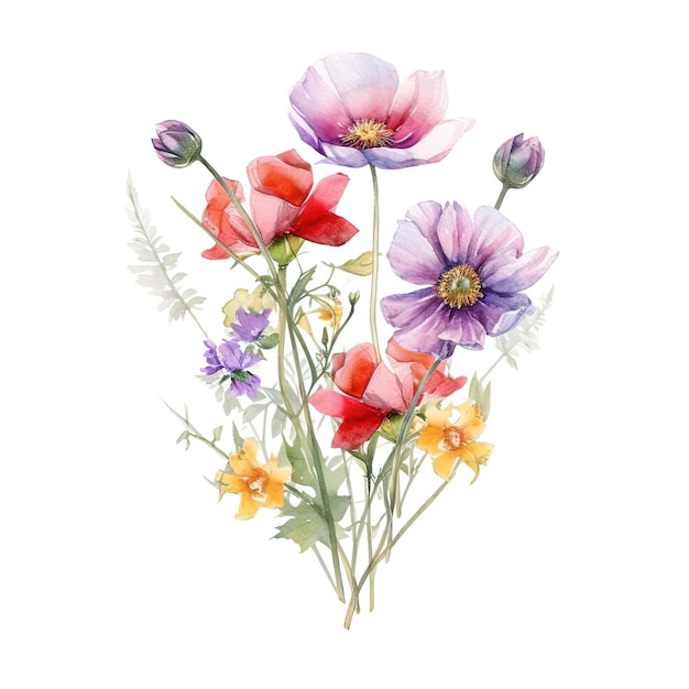 Watercolor colorful wildflowers bouquet isolated on white background